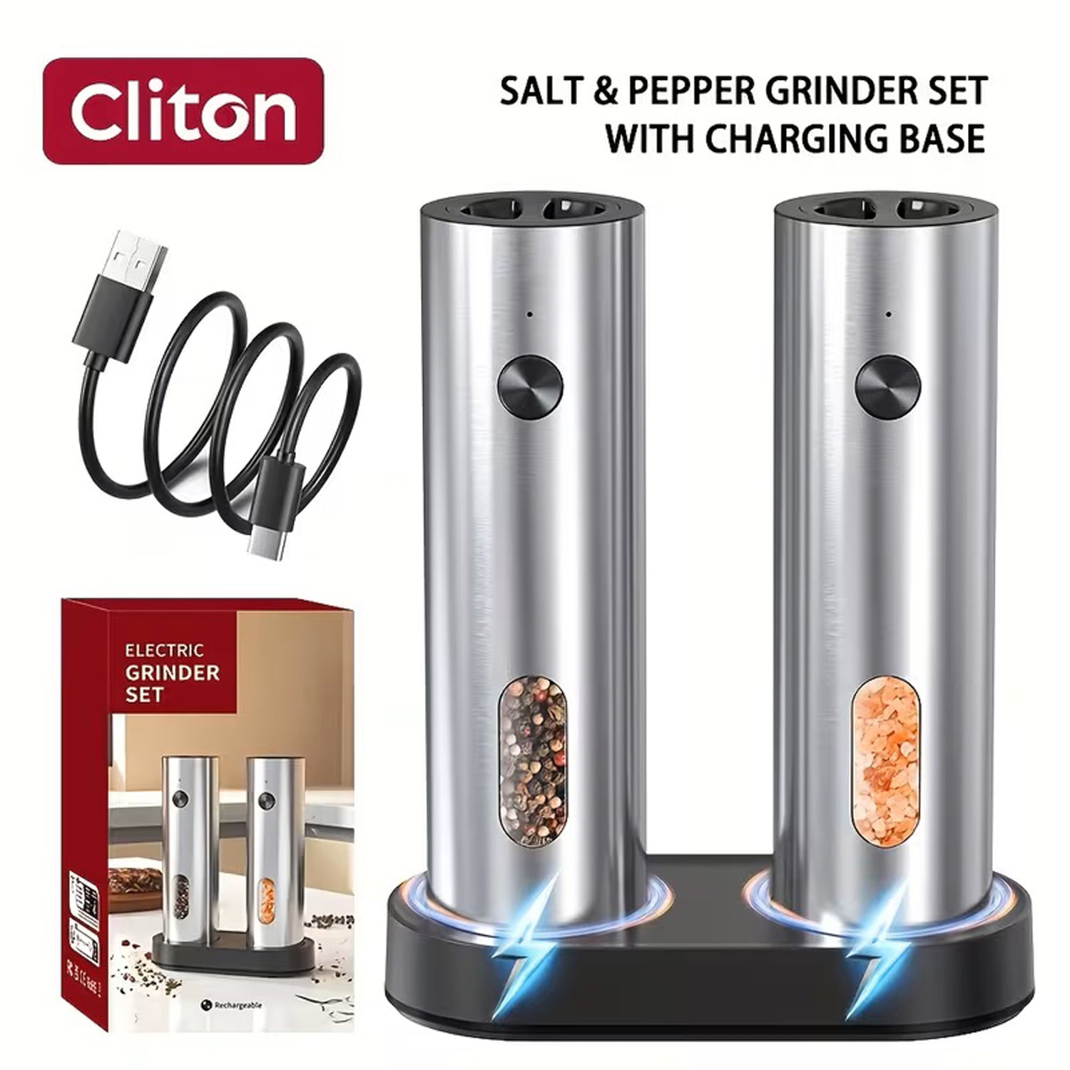 Premium Rechargeable Electric Salt and Pepper Grinder Set with Charging Dock, 2-Piece Automatic Mill Set with LED Light & Adjustable Coarseness, Large Capacity 110ml, Perfect Kitchen Gift
