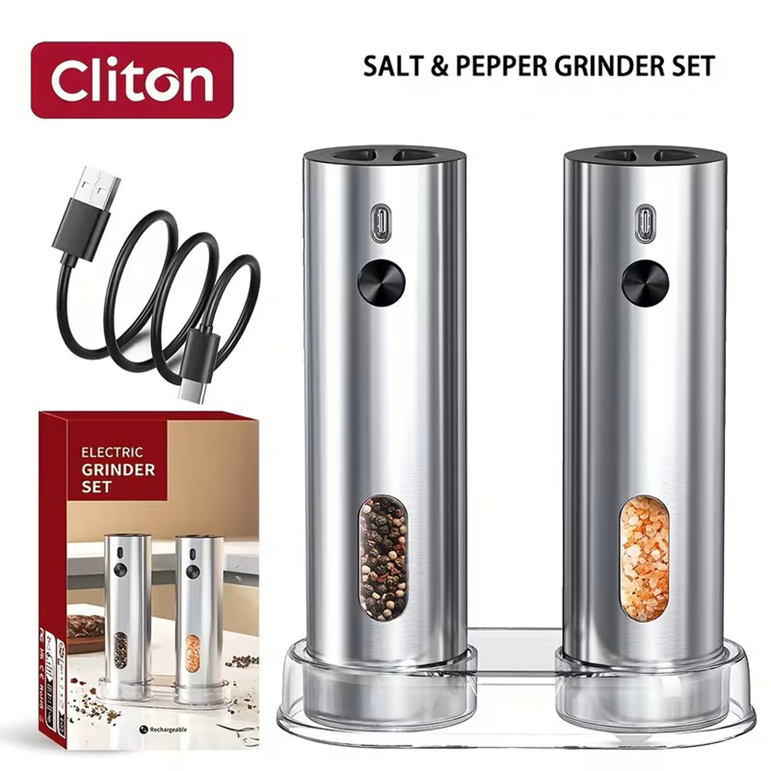 Premium Rechargeable Electric Salt and Pepper Grinder Set with Charging Dock, 2-Piece Automatic Mill Set with LED Light & Adjustable Coarseness, Large Capacity 110ml, Perfect Kitchen Gift