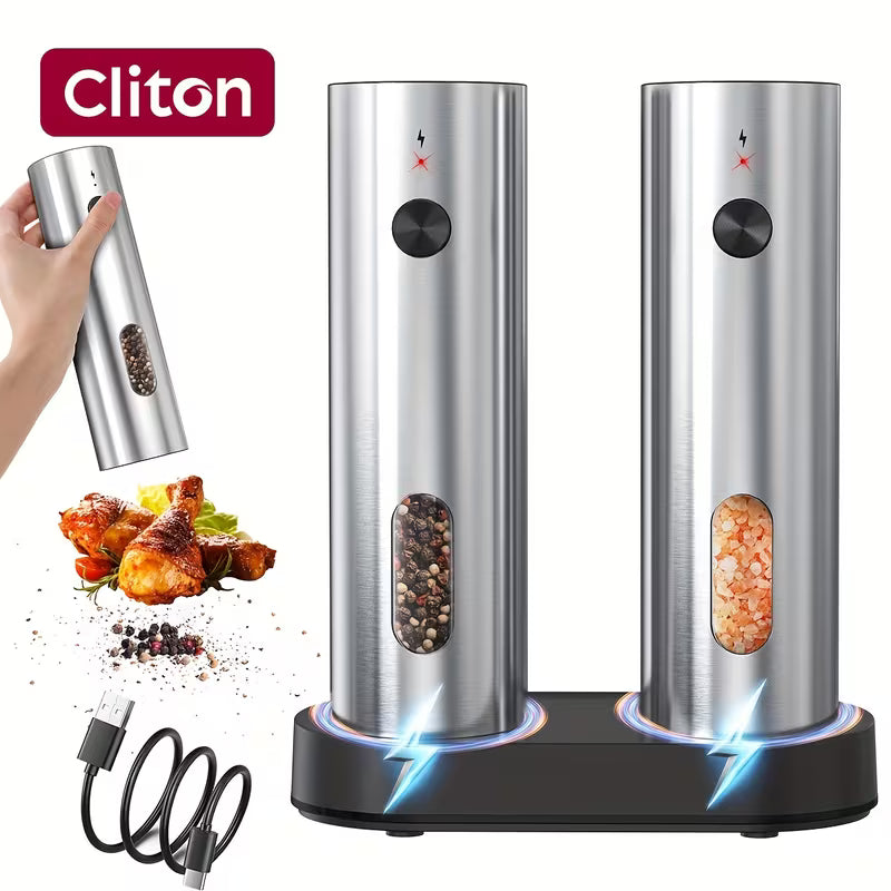 CLITON Rechargeable Electric Salt and Pepper Grinder Set, 2-Pack, USB Charging with LED Light, Adjustable Coarseness, Premium Kitchen Gift