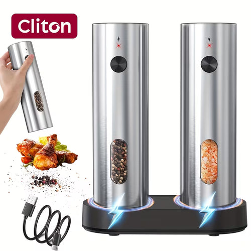 CLITON Rechargeable Electric Salt and Pepper Grinder Set, 2-Pack, USB Charging with LED Light, Adjustable Coarseness, Premium Kitchen Gift