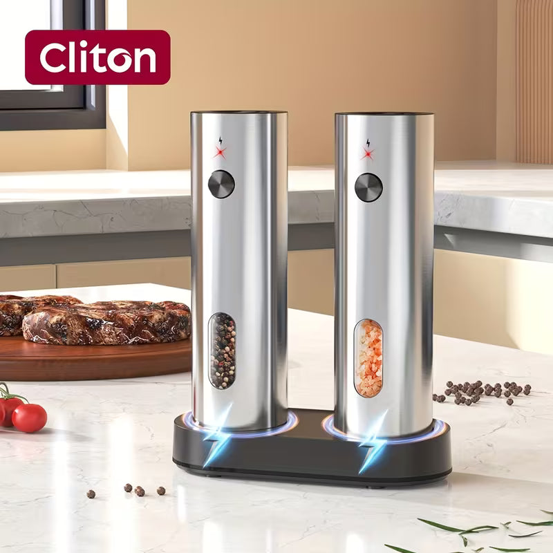 CLITON Rechargeable Electric Salt and Pepper Grinder Set, 2-Pack, USB Charging with LED Light, Adjustable Coarseness, Premium Kitchen Gift