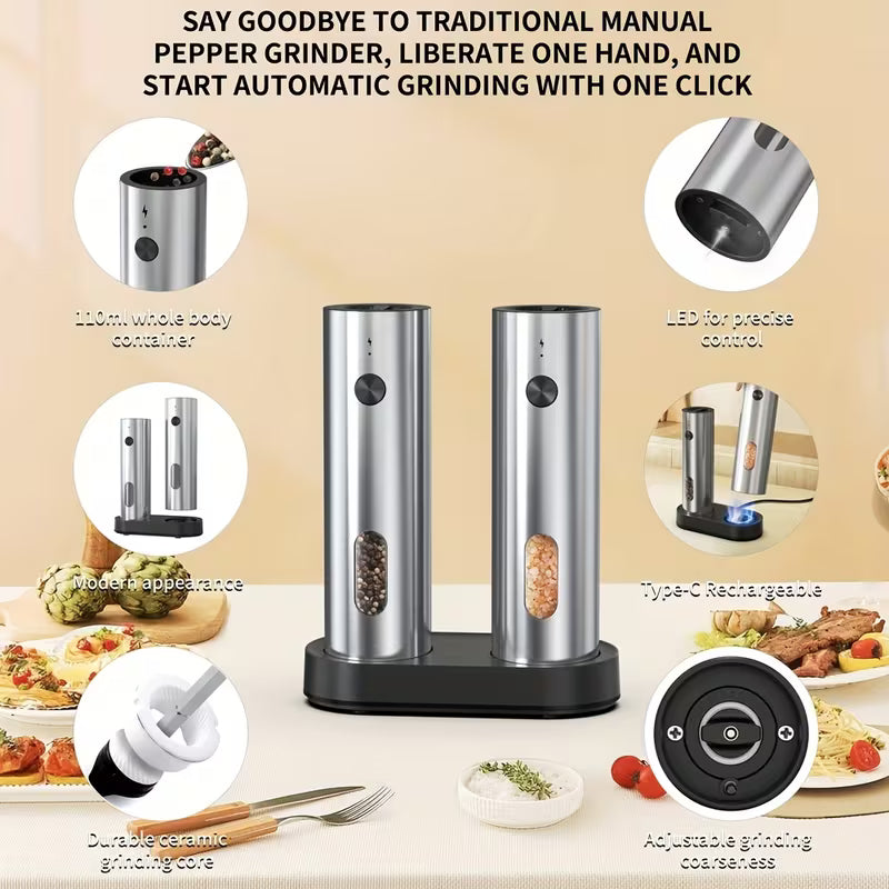 CLITON Rechargeable Electric Salt and Pepper Grinder Set, 2-Pack, USB Charging with LED Light, Adjustable Coarseness, Premium Kitchen Gift
