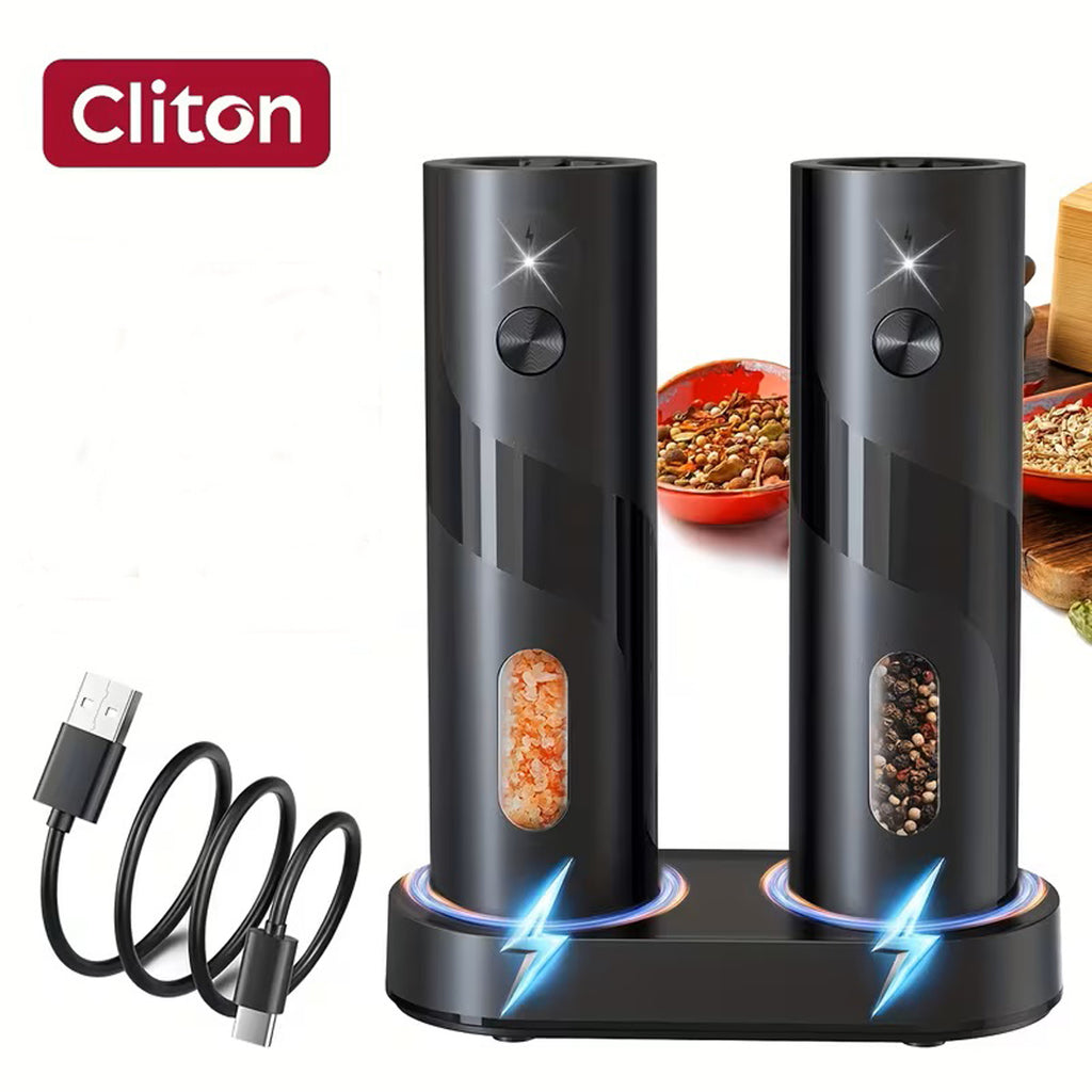 CLITON Rechargeable Electric Salt and Pepper Grinder Set, 2-Pack, USB Charging with LED Light, Adjustable Coarseness, Premium Kitchen Gift