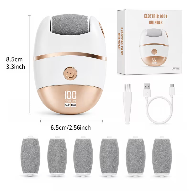 Electric heel file with LCD display, cordless, with many attachments