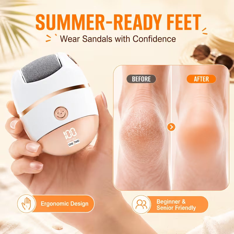 Electric heel file with LCD display, cordless, with many attachments