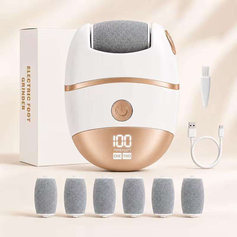 Electric heel file with LCD display, cordless, with many attachments