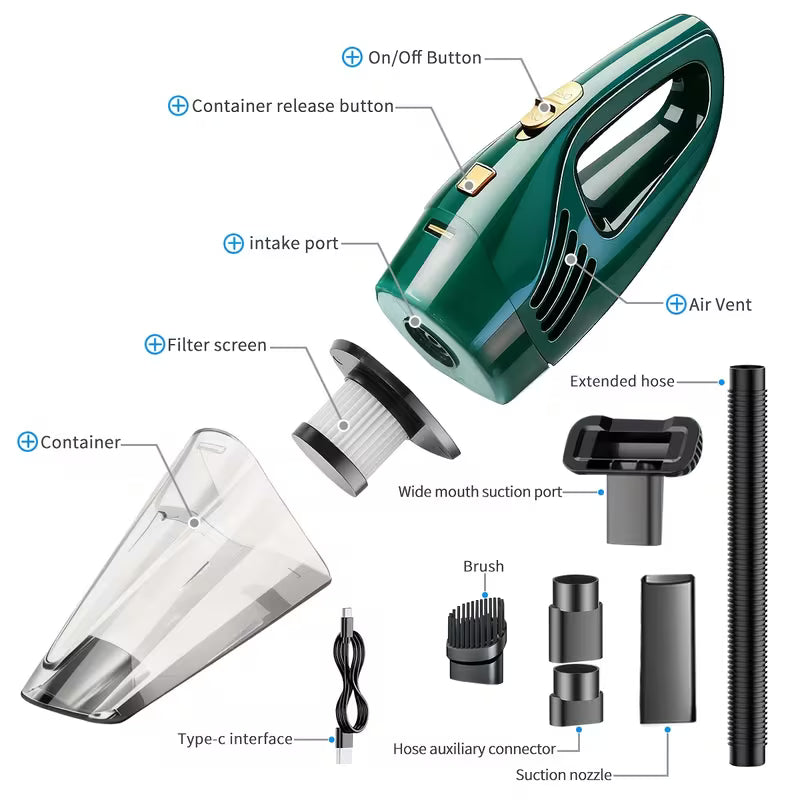 Powerful Cordless Handheld Vacuum Cleaner, High-Suction Portable Car & Home Vacuum, Rechargeable Lithium Battery, Ideal for Pet Hair & Car Detailing