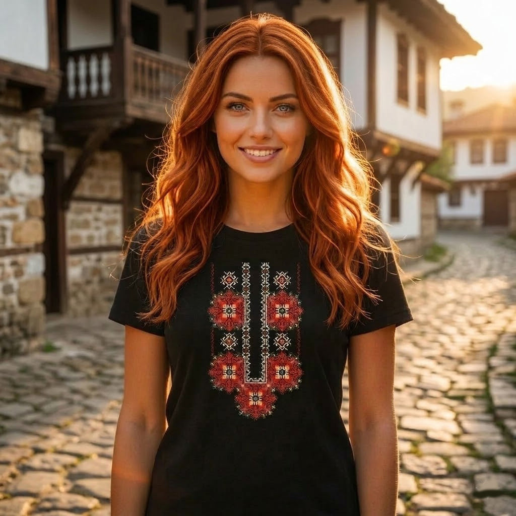 Women's black ethnic t-shirt with embroidery beautiful handmade