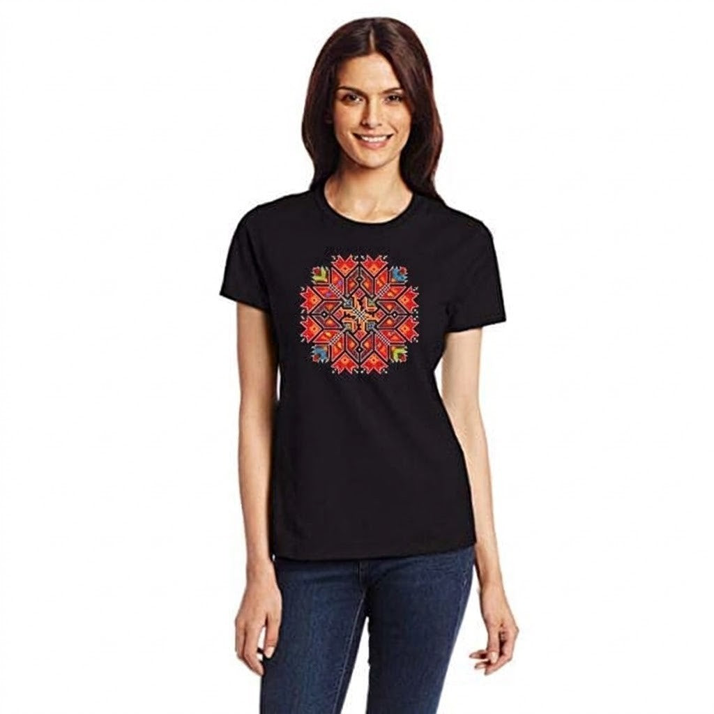 Women's black ethnic t-shirt with embroidery handmade