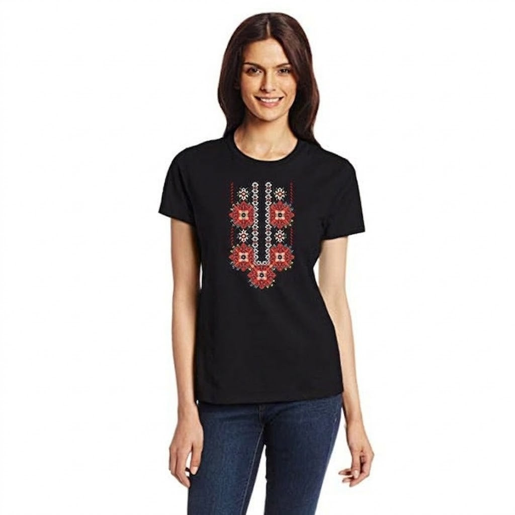 Women's black ethnic t-shirt with embroidery beautiful handmade