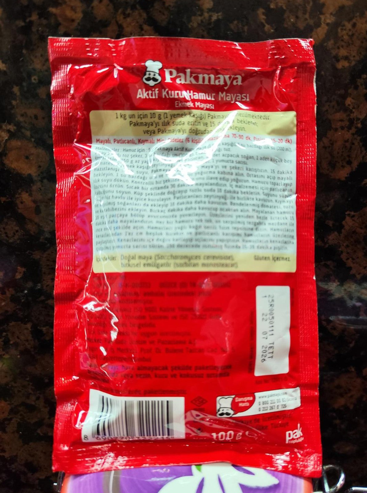 Turkish dry instant yeast for bread Pakmaya 100 g Natural