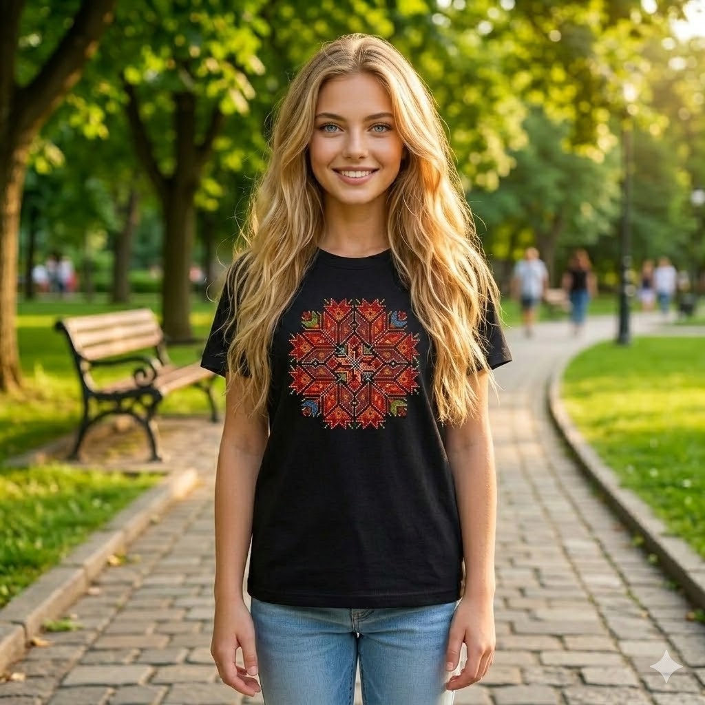 Women's black ethnic t-shirt with embroidery handmade