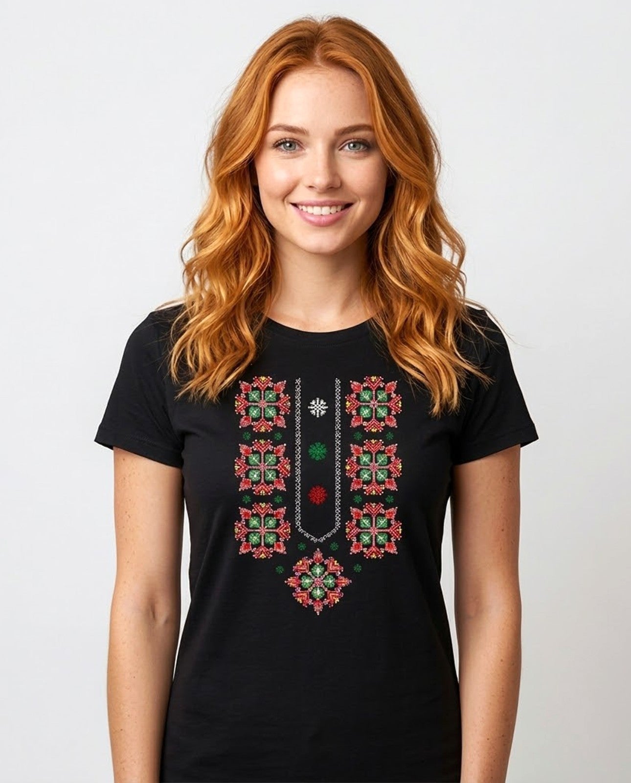 Women's black ethnic t-shirt with embroidery handmade