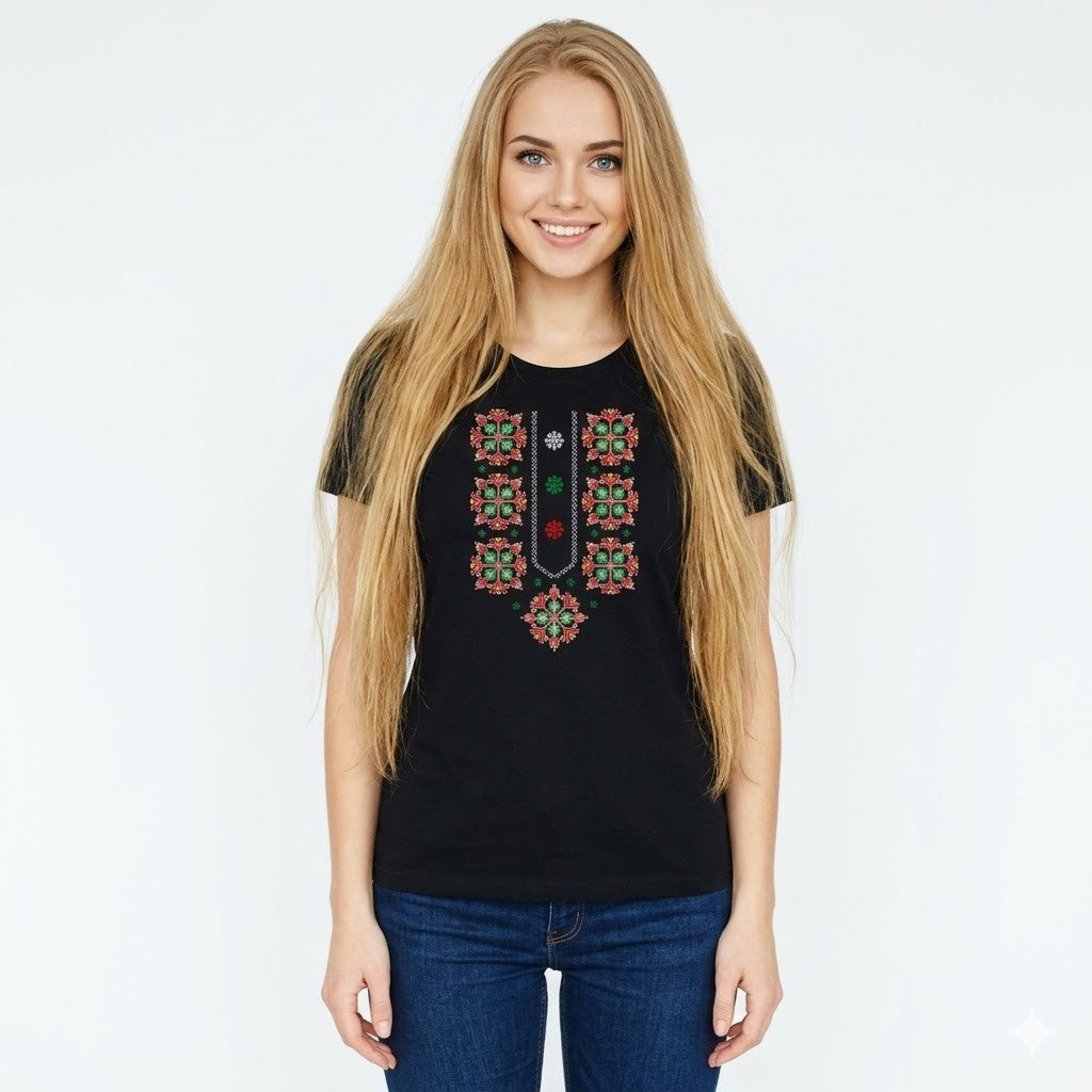 Women's black ethnic t-shirt with embroidery, beautiful handmade original