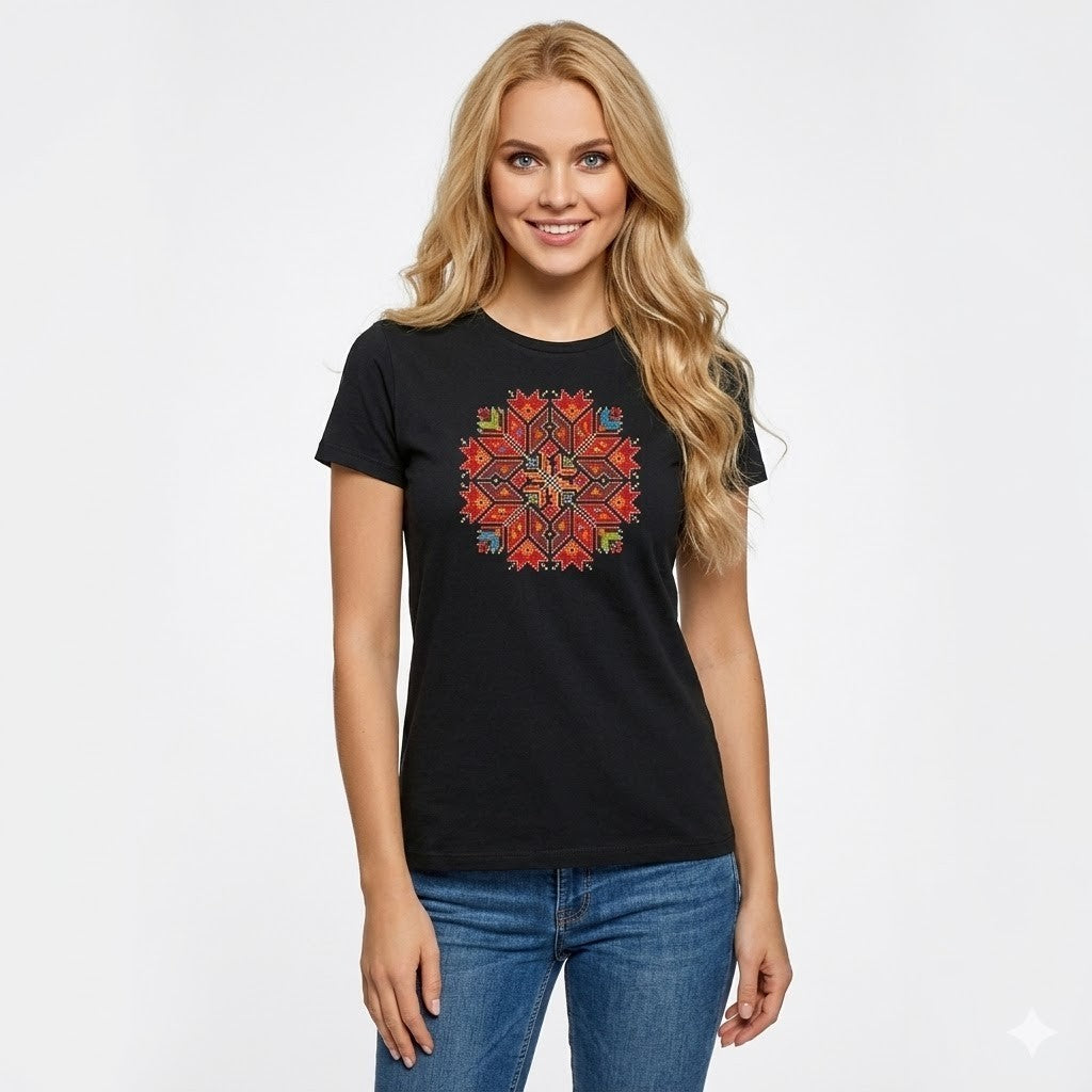 Women's black ethnic t-shirt with embroidery handmade
