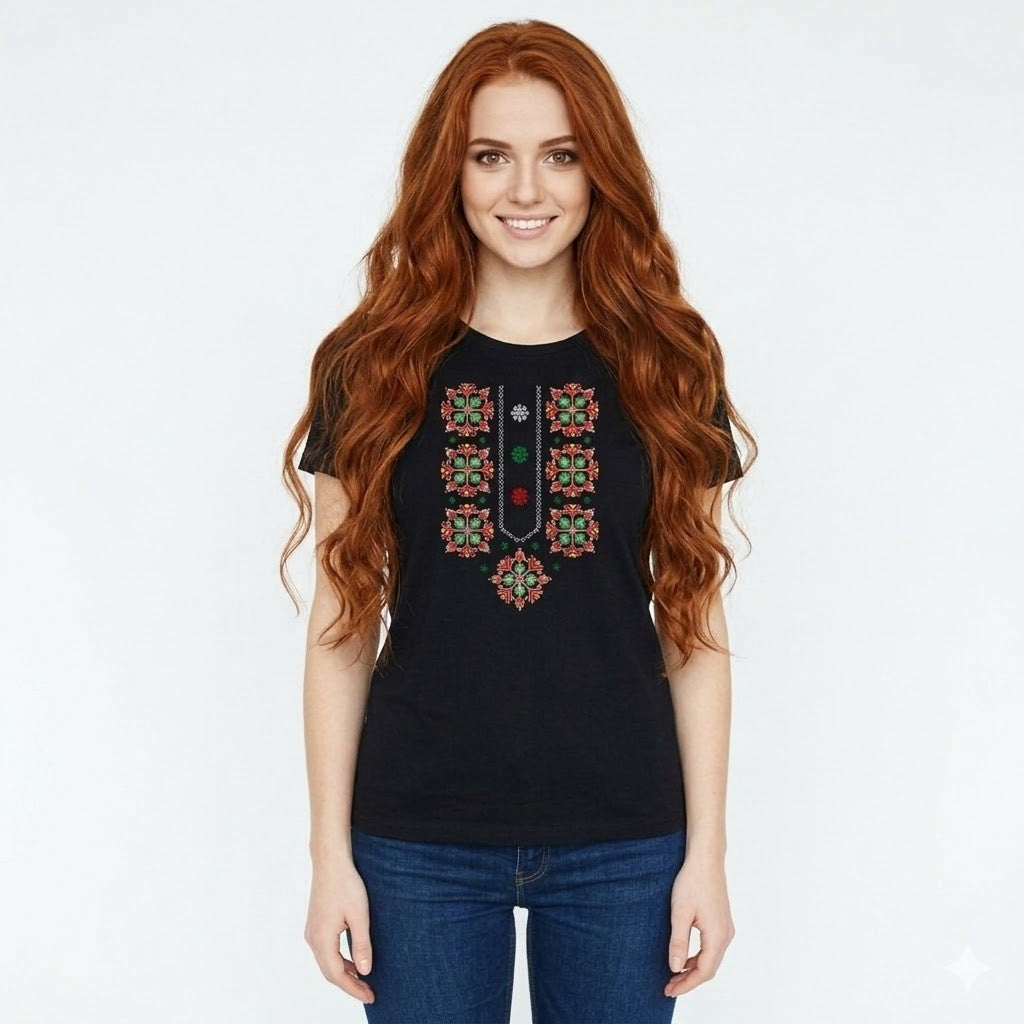 Women's black ethnic t-shirt with embroidery, beautiful handmade original