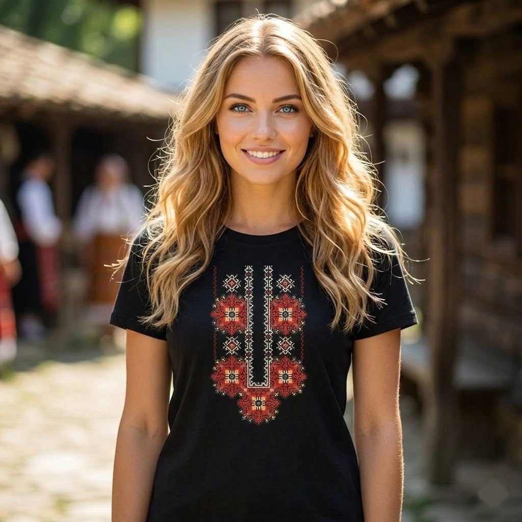 Women's black ethnic t-shirt with embroidery beautiful handmade