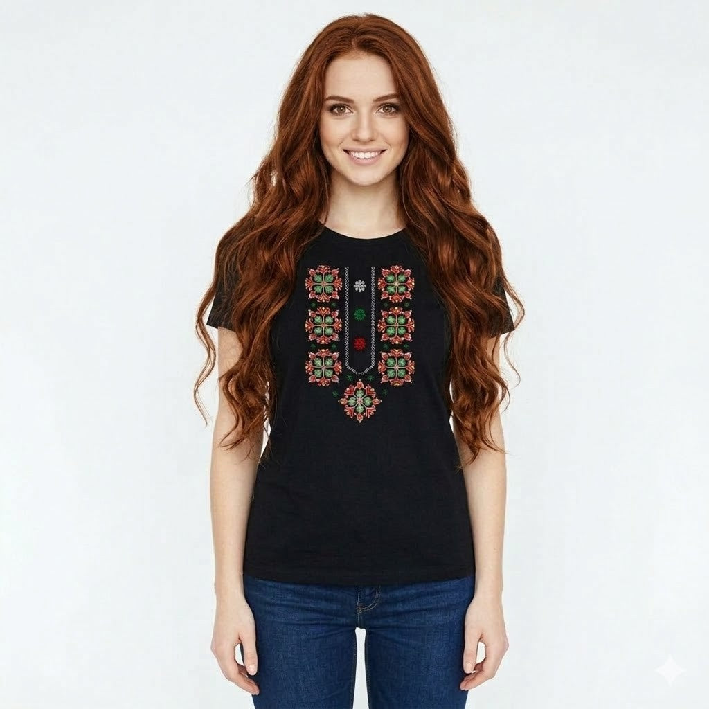Women's black ethnic t-shirt with embroidery, beautiful handmade original