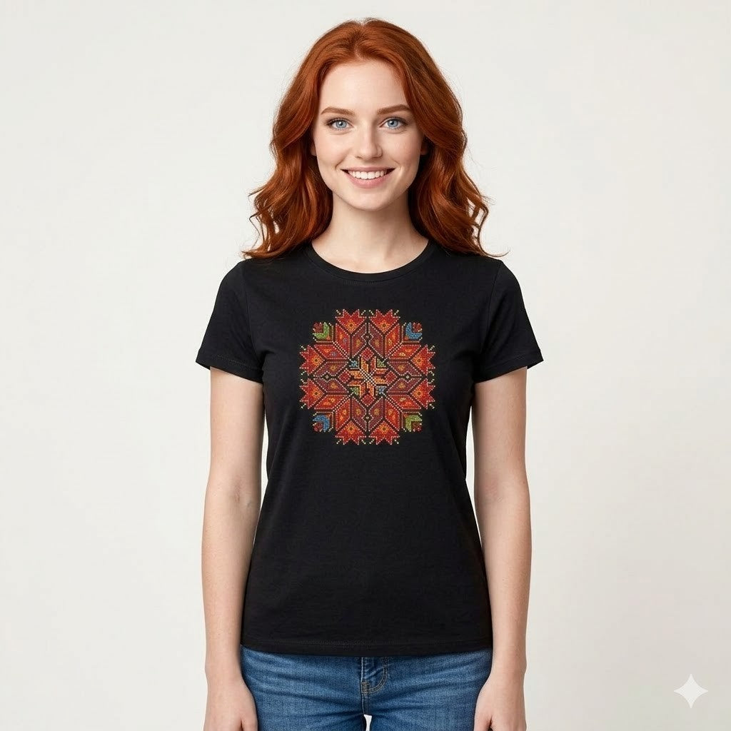 Women's black ethnic t-shirt with embroidery handmade