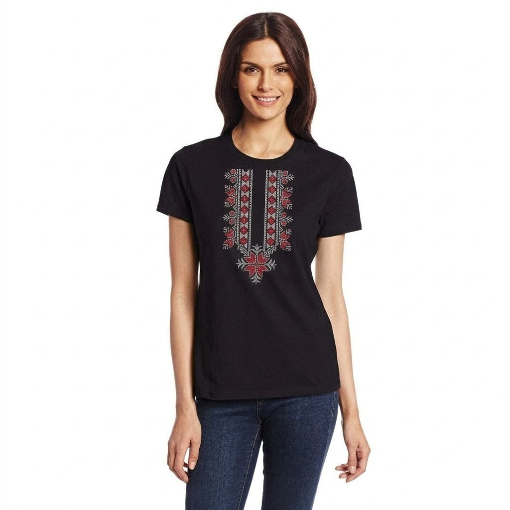 Women's black ethnic t-shirt with embroidery, beautiful handmade original