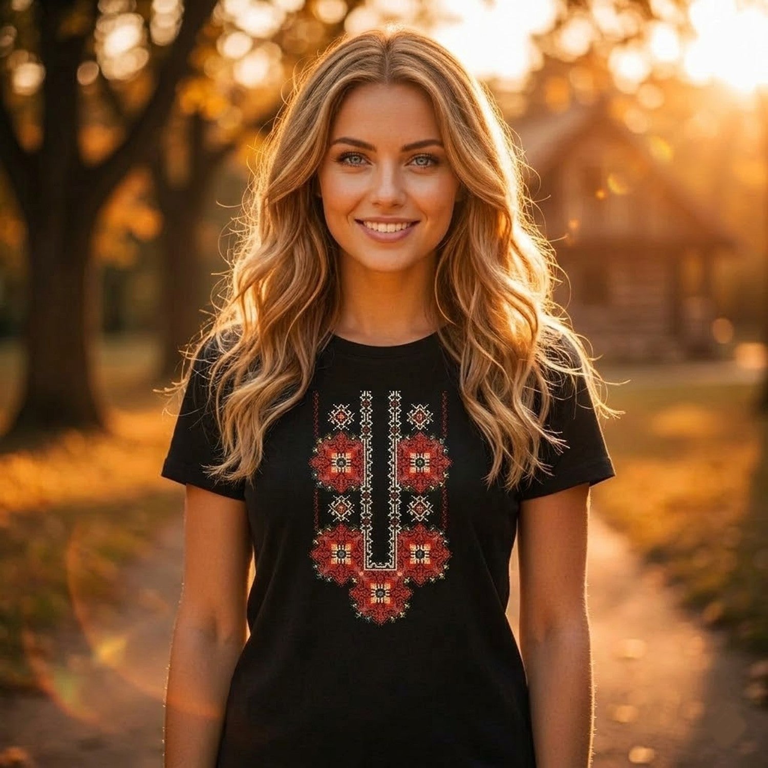Women's black ethnic t-shirt with embroidery beautiful handmade