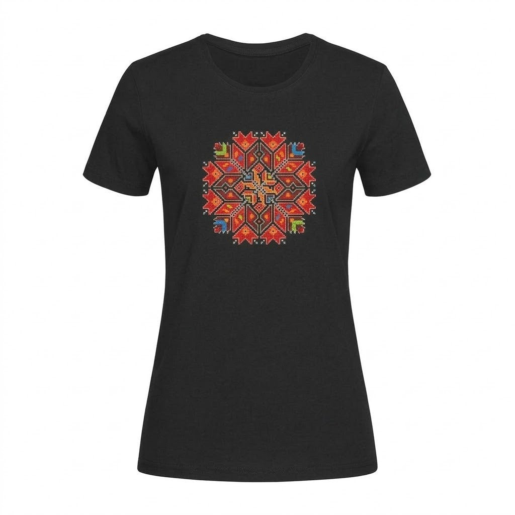 Women's black ethnic t-shirt with embroidery handmade
