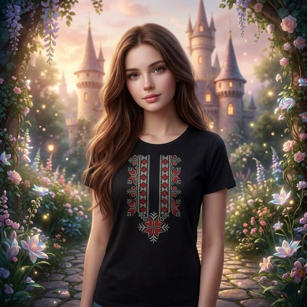Women's black ethnic t-shirt with embroidery, beautiful handmade original