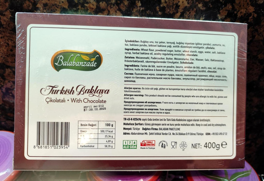 Turkish Baklava with Chocolate 400g Natural Balabanzade