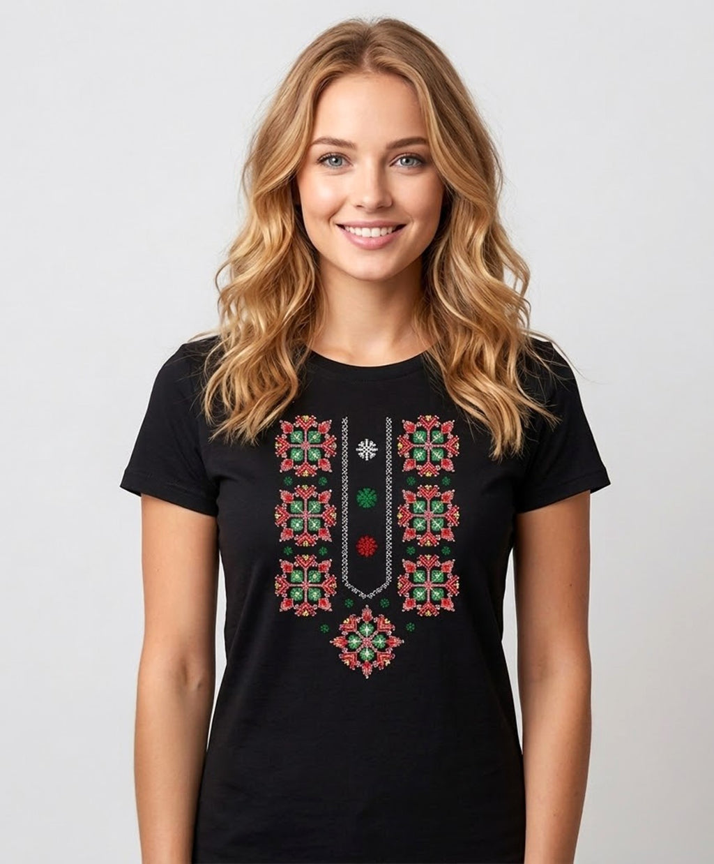 Women's black ethnic t-shirt with embroidery handmade