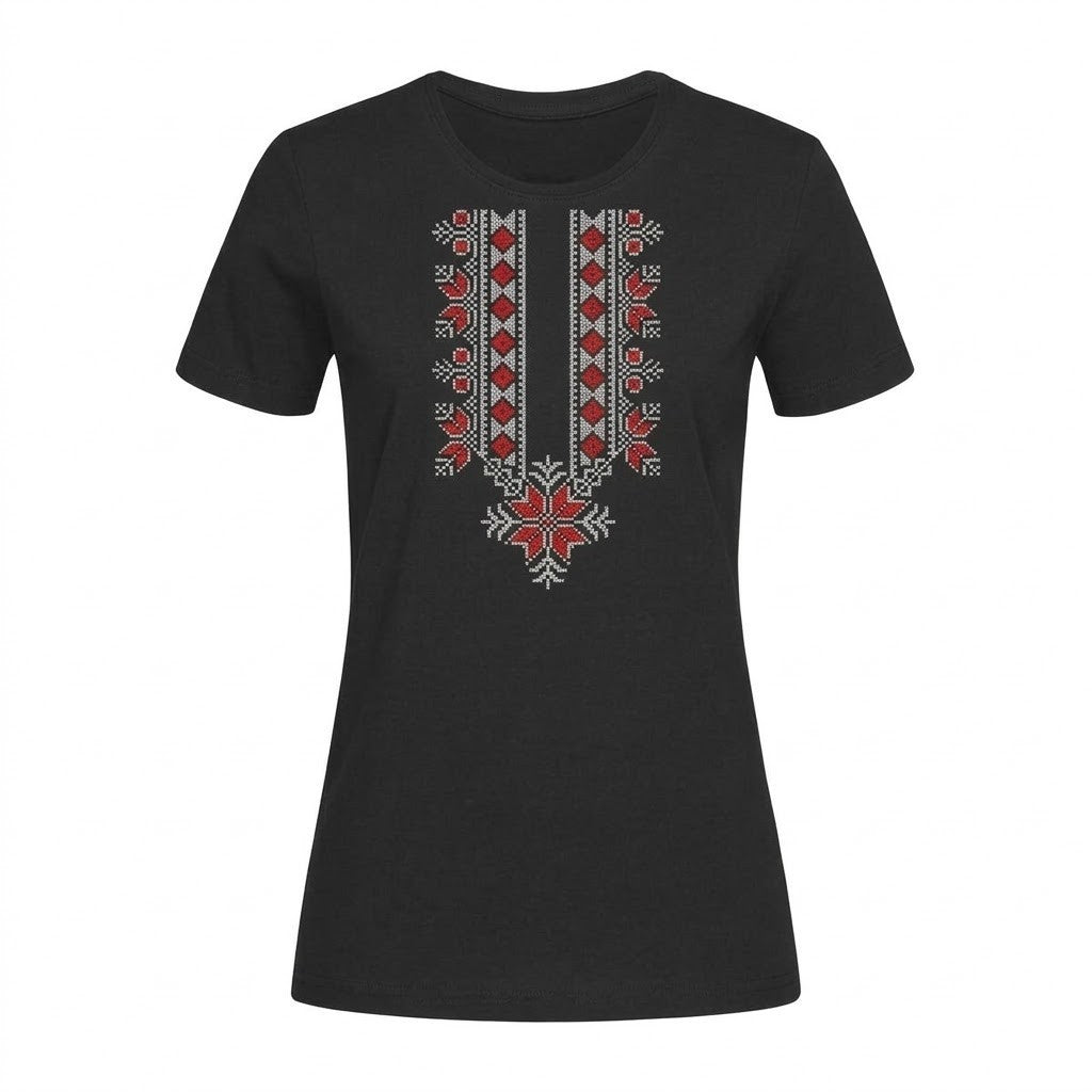 Women's black ethnic t-shirt with embroidery, beautiful handmade original